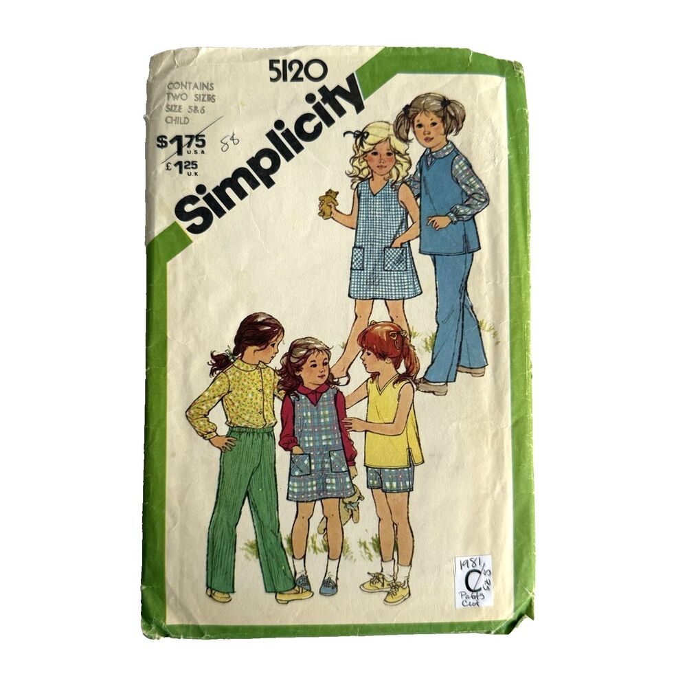 Vtg Simplicity 5120 Girl's Dress Jumper Top Pants Short Sewing Pattern Sz 5-6